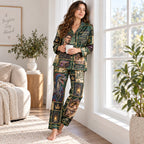 model reading a book at home in the fantasy patchwork satin pajama