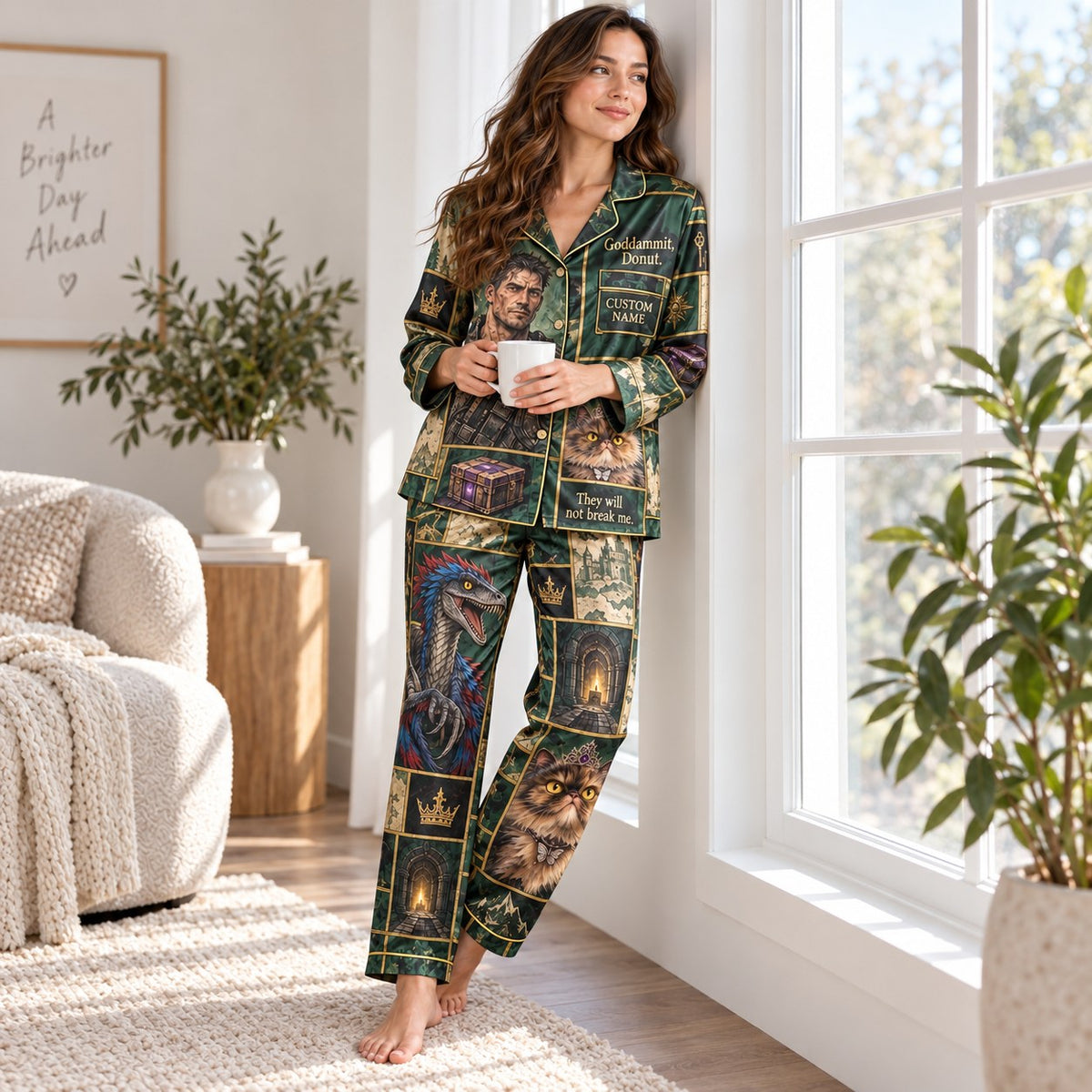 model reading a book at home in the fantasy patchwork satin pajama