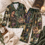 green fantasy patchwork satin pajamas flat lay with a custom name on the chest