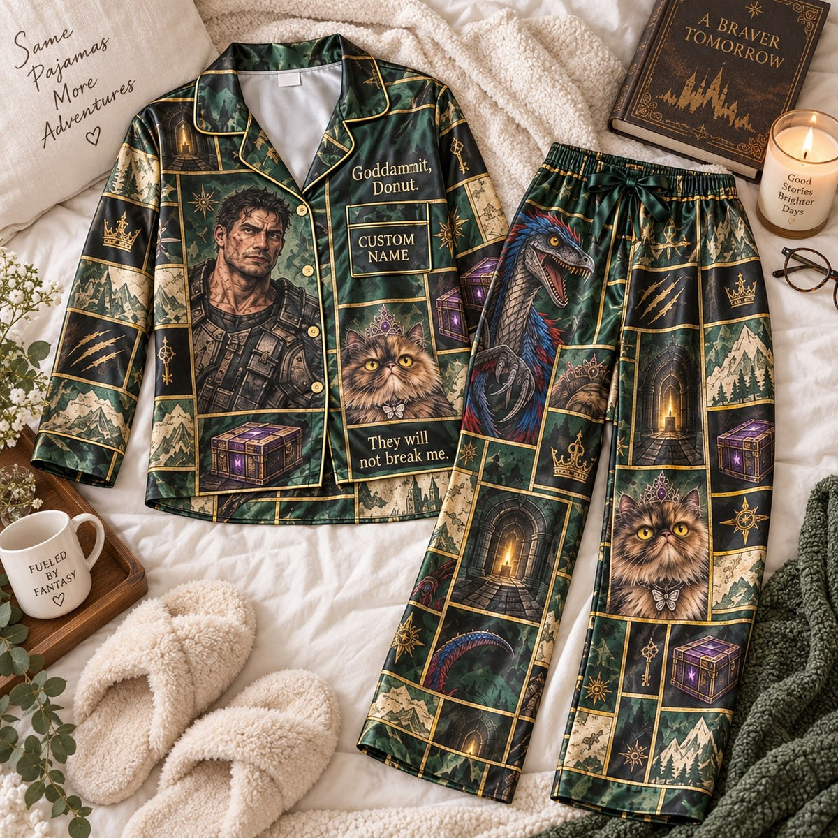 green fantasy patchwork satin pajamas flat lay with a custom name on the chest