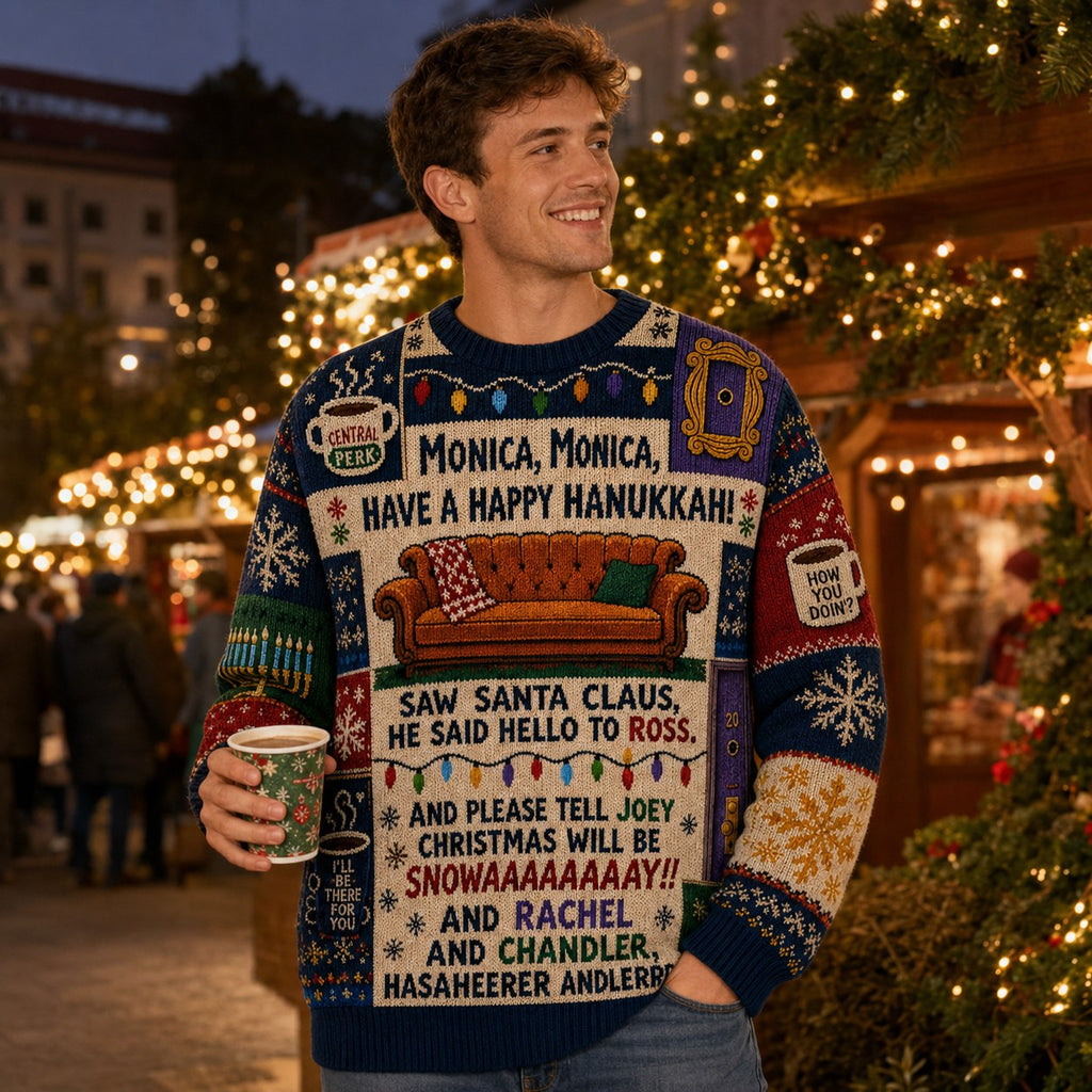 man holding a cup in a holiday sweater at a christmas market
