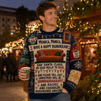 man holding a cup in a holiday sweater at a christmas market