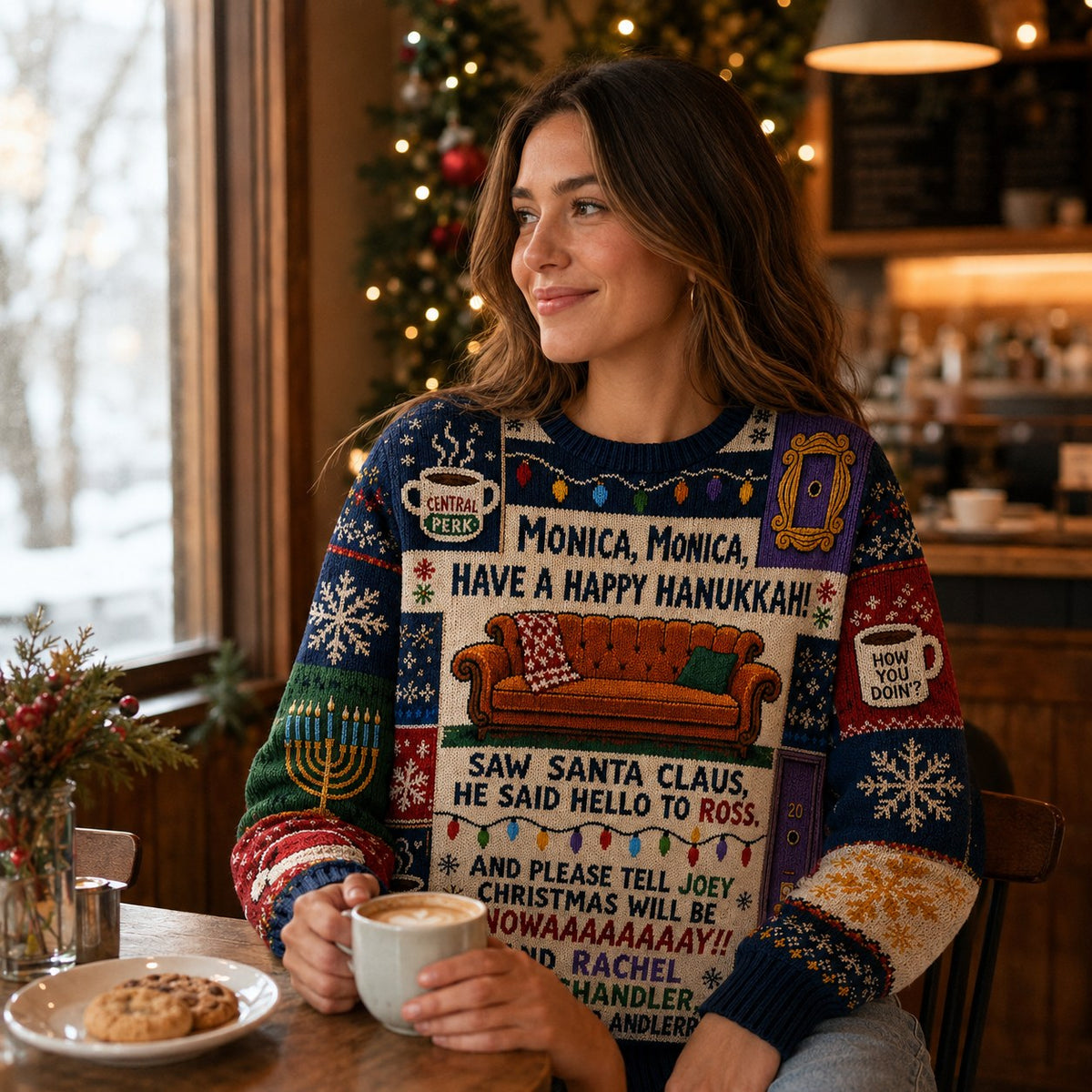 woman at a cafe table with the friends hanukkah christmas sweater