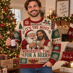 man wearing a funny ugly christmas sweater with santa and clinking beer