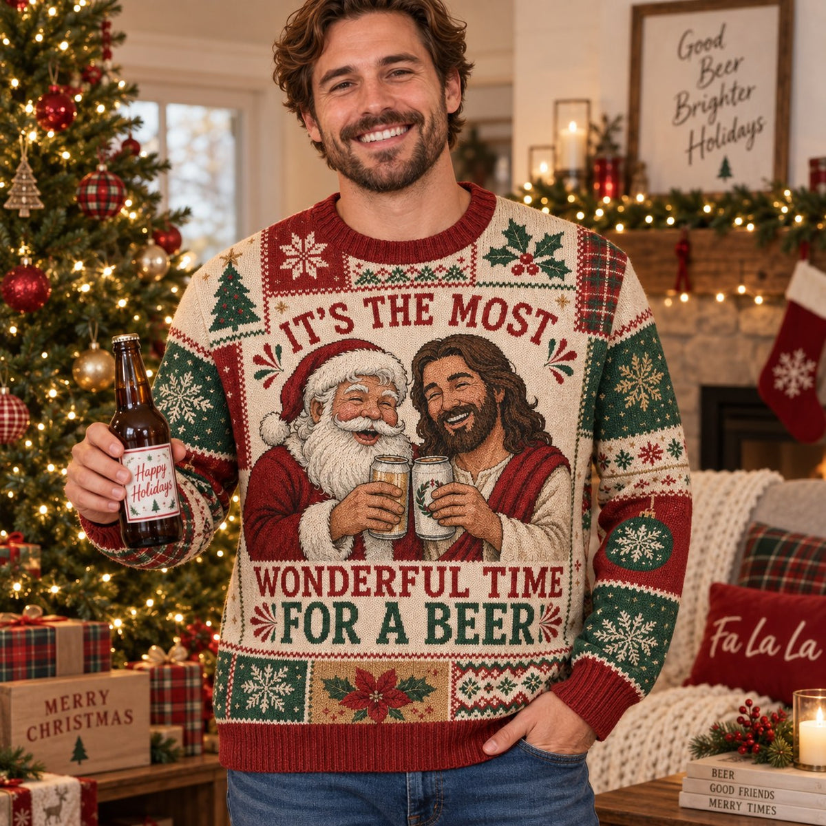 man wearing a funny ugly christmas sweater with santa and clinking beer