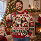 man wearing an ugly christmas sweater with santa and holding beer cans