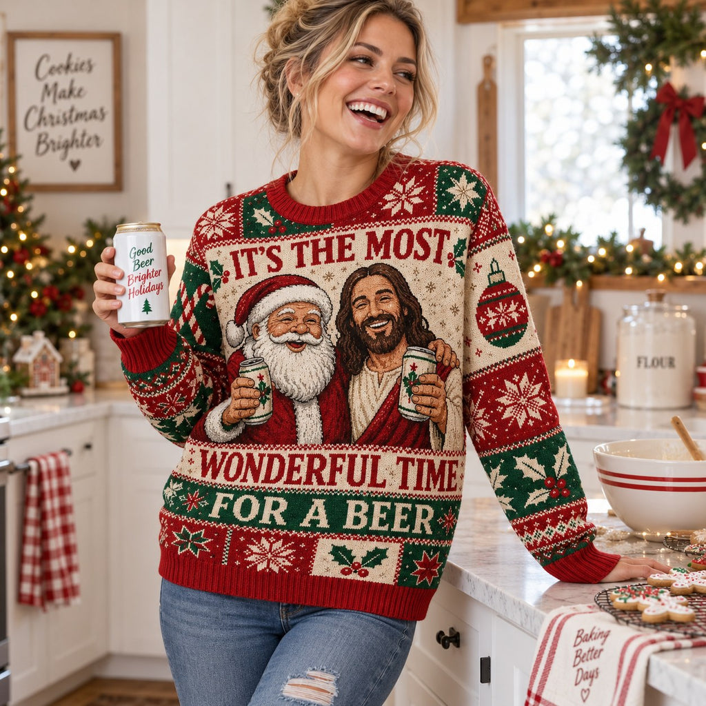 woman in a funny holiday jumper with the most wonderful time for