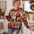 woman in a funny holiday jumper with the most wonderful time for