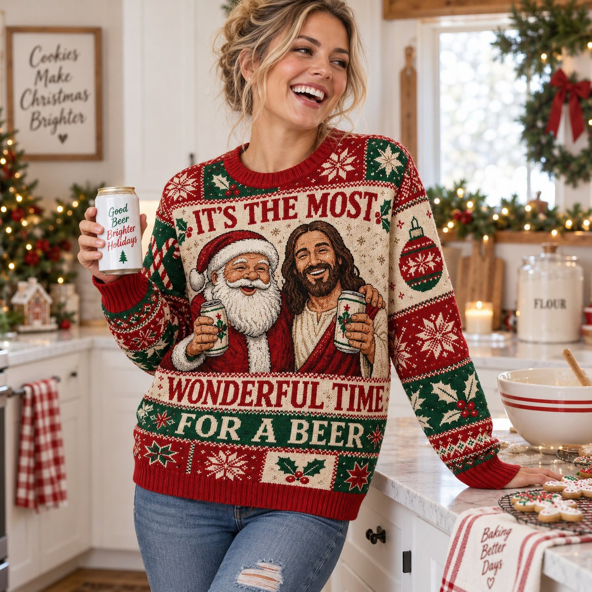 woman in a funny holiday jumper with the most wonderful time for