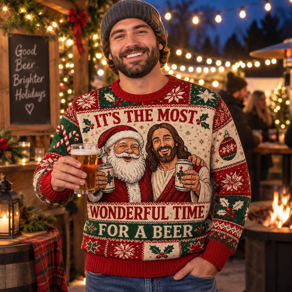 man in a beanie modelling a red christmas beer sweater at an