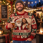 man in a beanie modelling a red christmas beer sweater at an