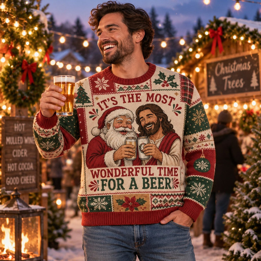 man holding a beer at an outdoor christmas market wearing the most