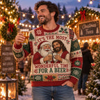 man holding a beer at an outdoor christmas market wearing the most