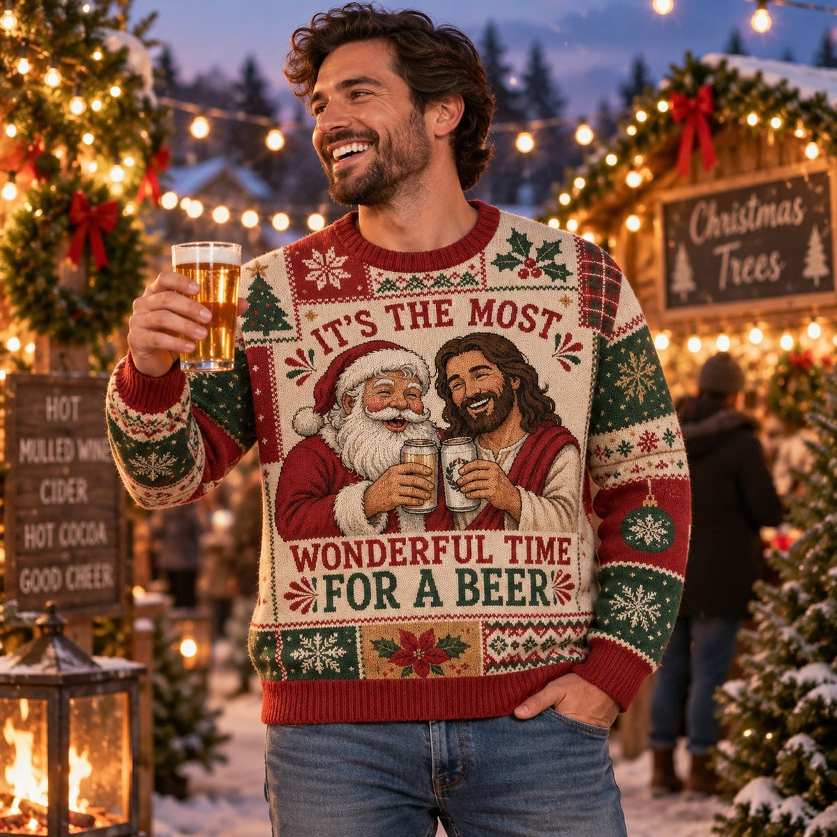 man holding a beer at an outdoor christmas market wearing the most