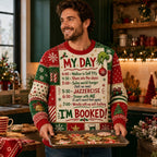 man holding a tray of cookies in a festive all over print