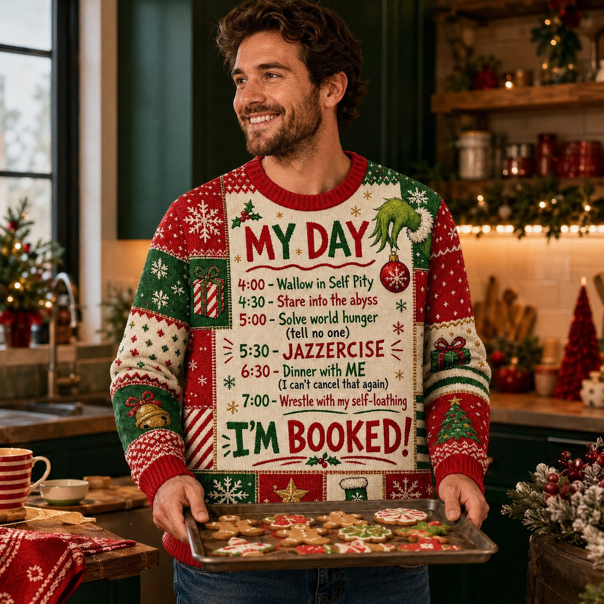 man holding a tray of cookies in a festive all over print