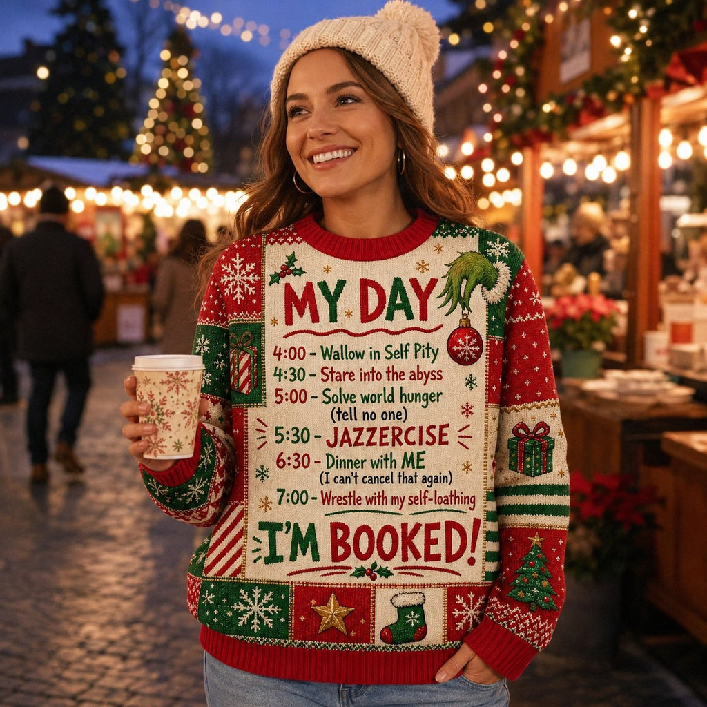 woman at a christmas market smiling in an all over print holiday