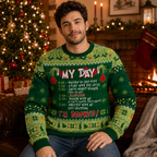 man wearing a green ugly christmas sweater with the my day checklist