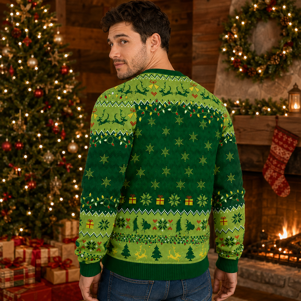back view of a knitted christmas sweater showing festive fair isle pattern