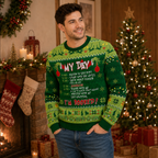 man in jeans smiling while wearing a green christmas sweater at a