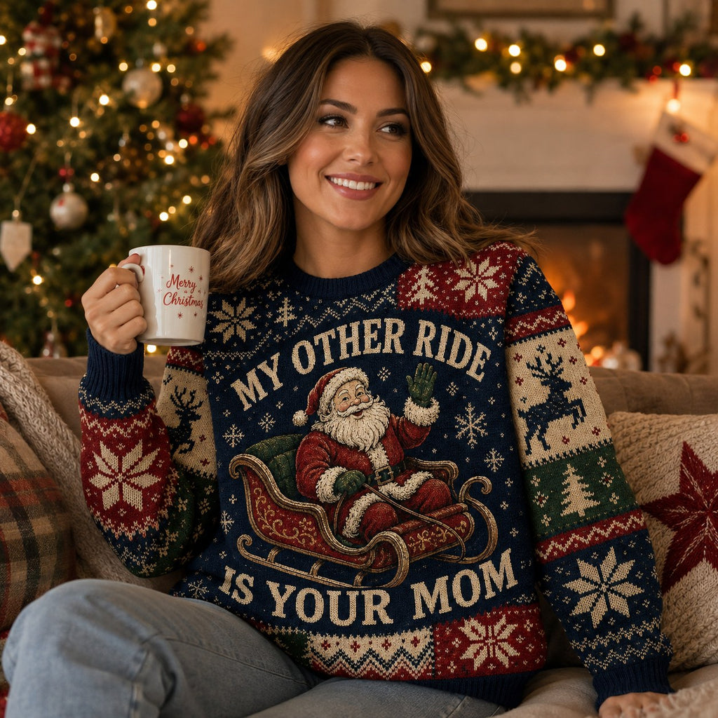 woman wearing a navy and red ugly christmas sweater with santa and