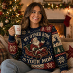 woman wearing a navy and red ugly christmas sweater with santa and