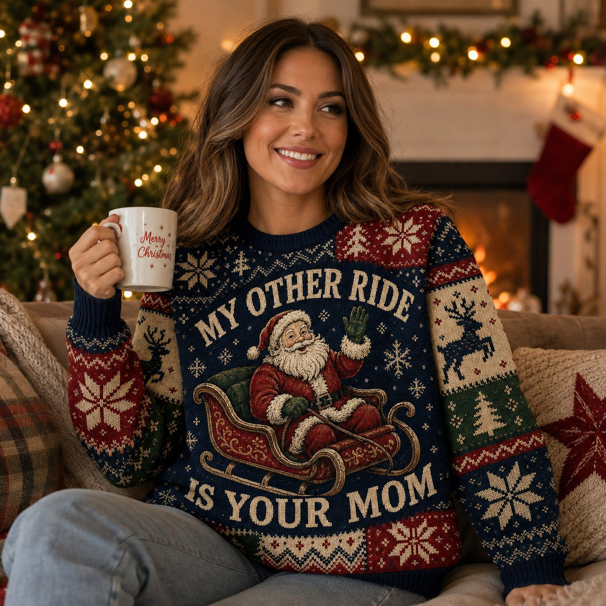 woman wearing a navy and red ugly christmas sweater with santa and