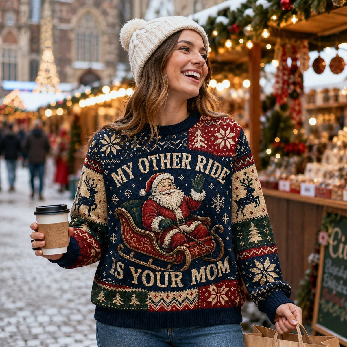 woman at a snowy christmas market holding a coffee in a funny