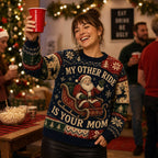 woman raising a red cup at a christmas party in a santa