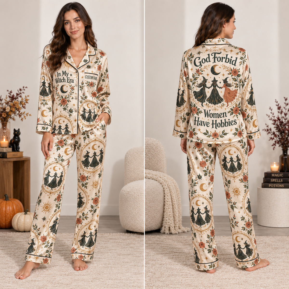 woman wearing a satin pajama set printed all over with witches, moons