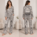 woman modeling monochrome witchy halloween pajamas front view