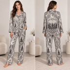 woman modeling monochrome witchy halloween pajamas front view