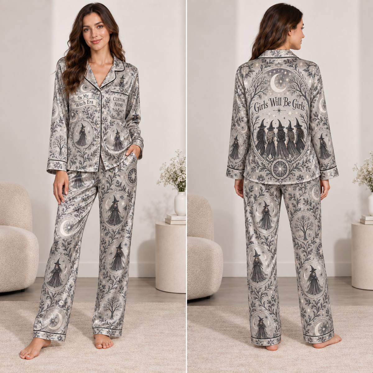 woman modeling monochrome witchy halloween pajamas front view