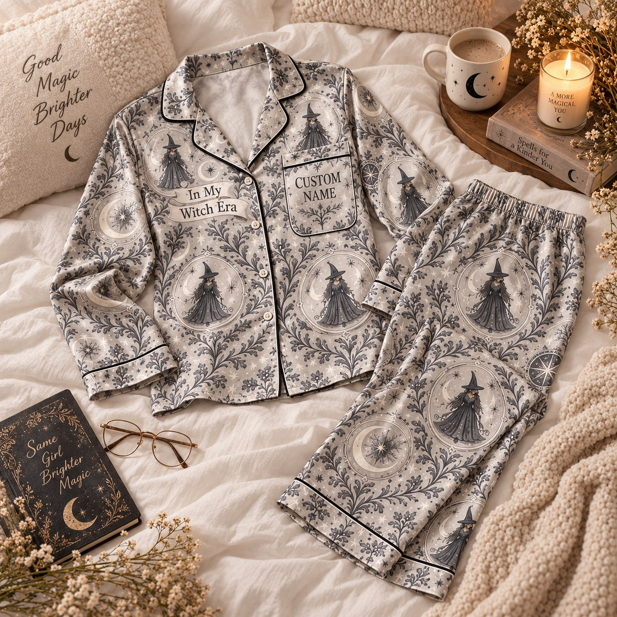 flat lay gray toile witch satin pajamas with a custom name on the chest