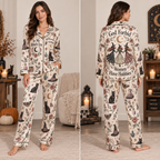 woman wearing in my witch era halloween satin pajama set standing