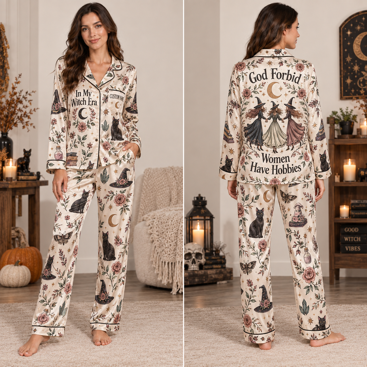 woman wearing in my witch era halloween satin pajama set standing