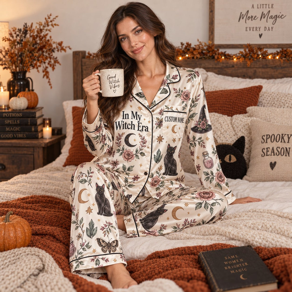 back of the witchy halloween pajama shirt showing god forbid women have