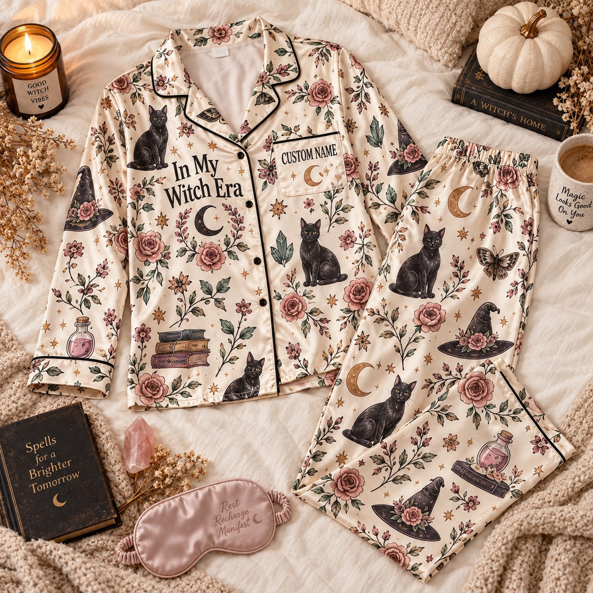 cream witch hat satin pajamas flat lay with a custom name on the chest
