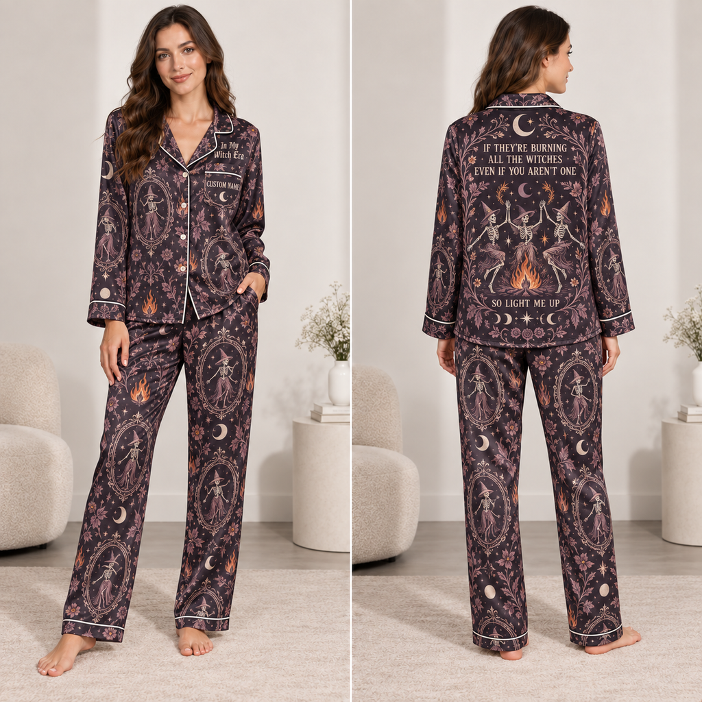 model wearing a dark all-over print satin pajama set