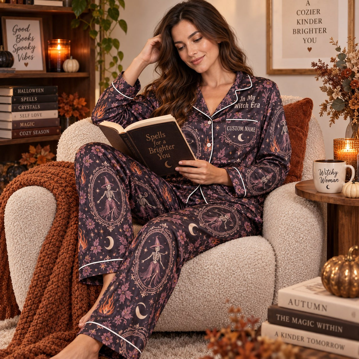 model on a bed holding a mug in the same halloween satin