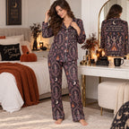 model reading a book in the spooky season satin pajama set