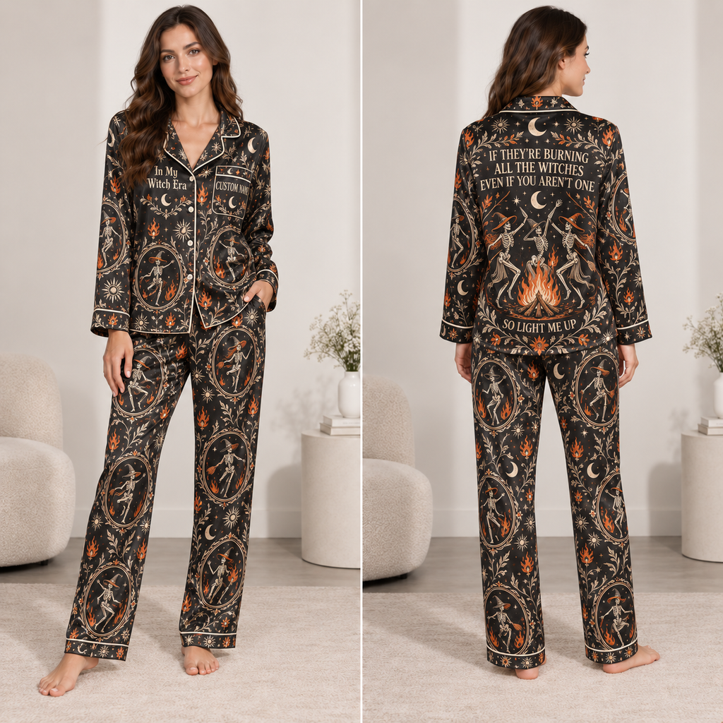 woman modeling black all over print halloween witch pajamas set