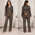 woman modeling black all over print halloween witch pajamas set
