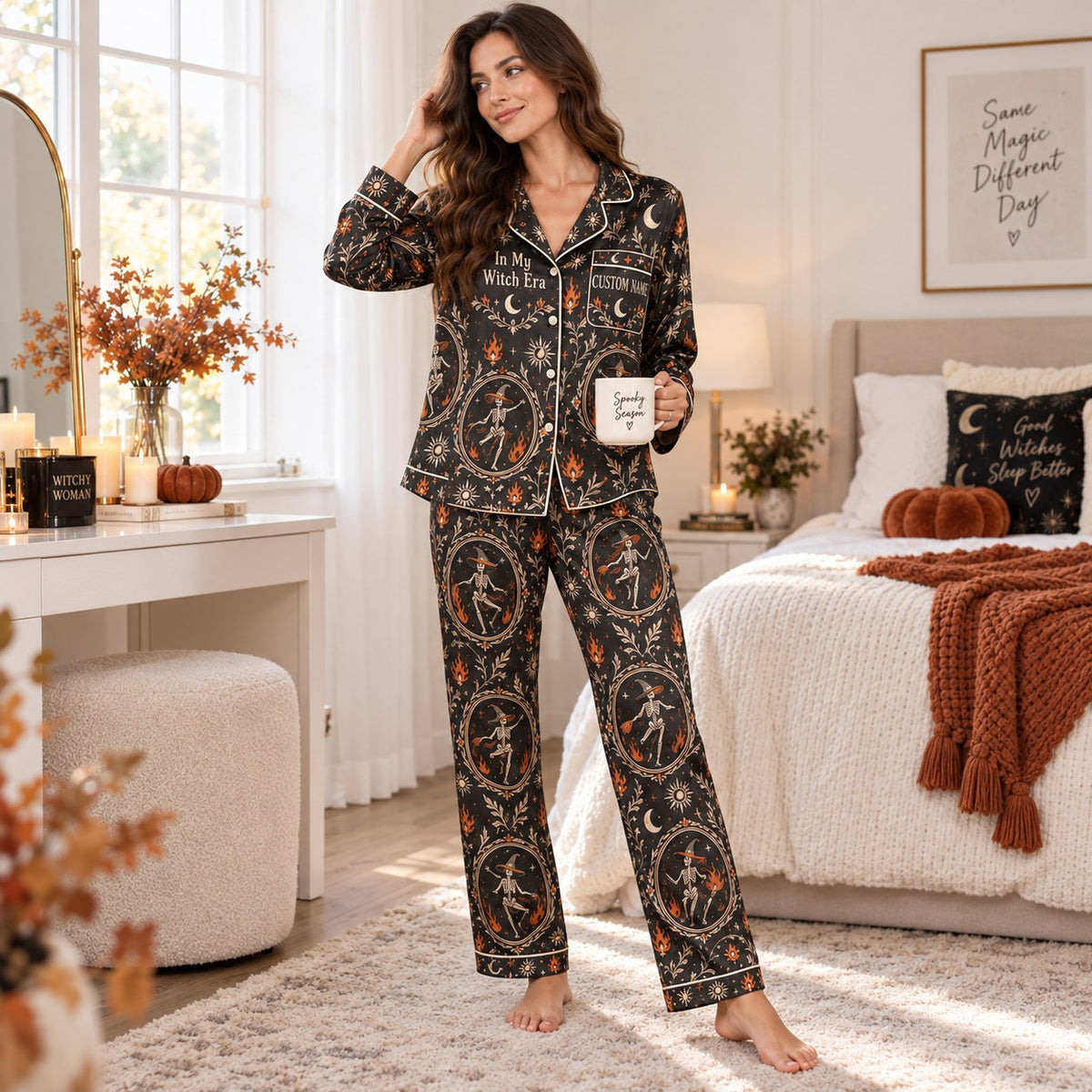 woman reading a book on a couch in personalized halloween witch pajamas