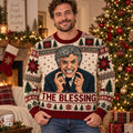 man wearing ugly christmas sweater with clark griswold caricature and the blessing