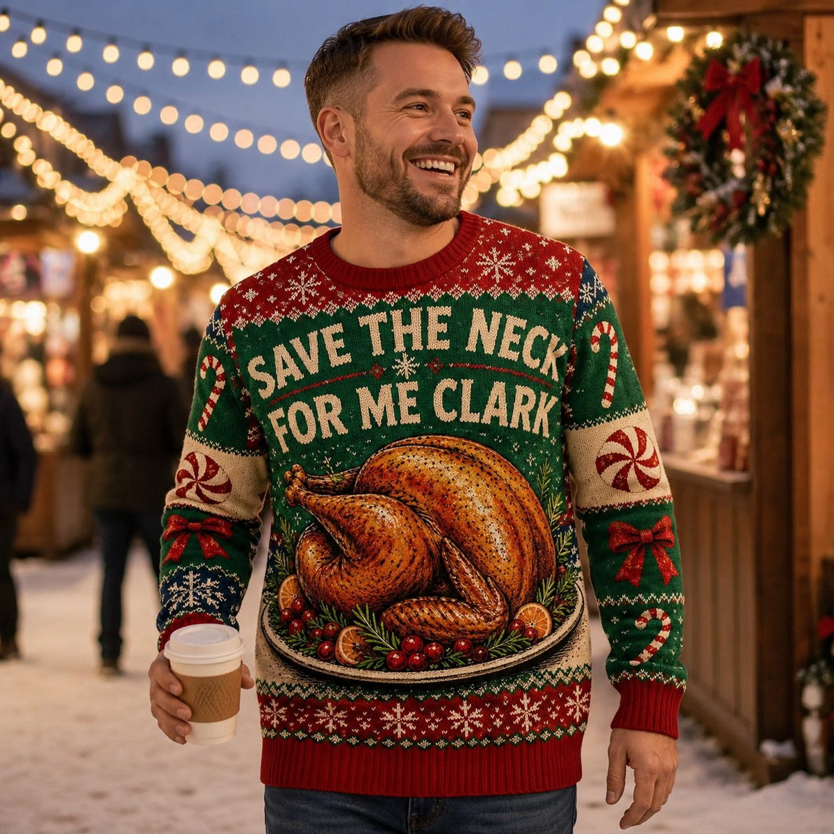 man wearing christmas vacation ugly sweater with turkey and candy canes, outdoor
