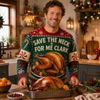 man in save the neck for me clark ugly christmas sweater holding