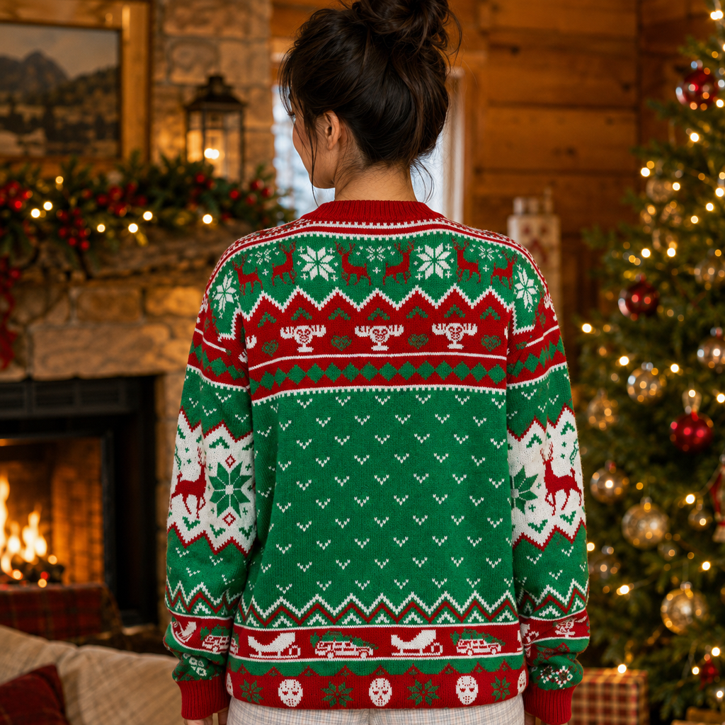 back view of the same red and green jacquard knit sweater pattern