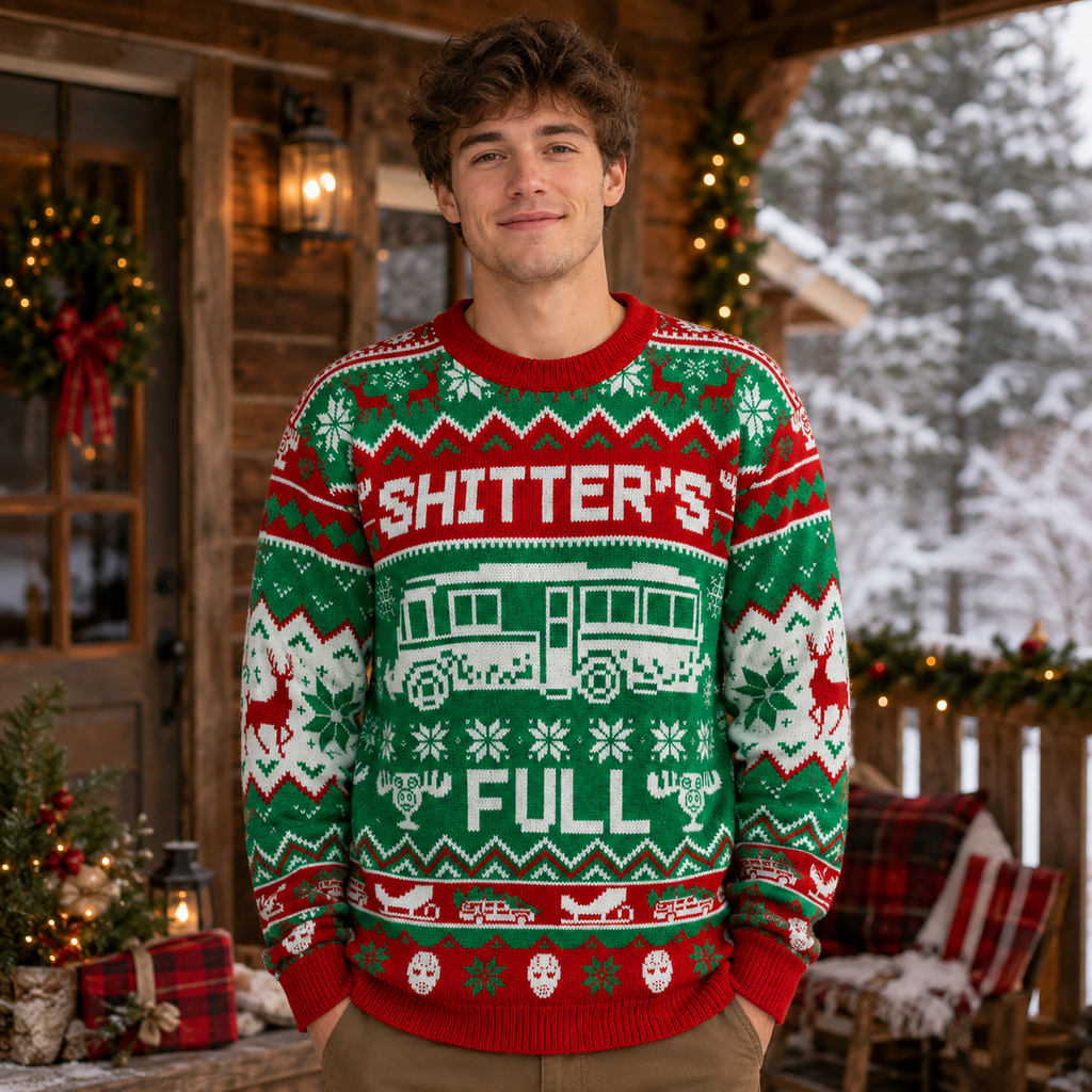 young man smiling in the shitters full ugly christmas sweater by a