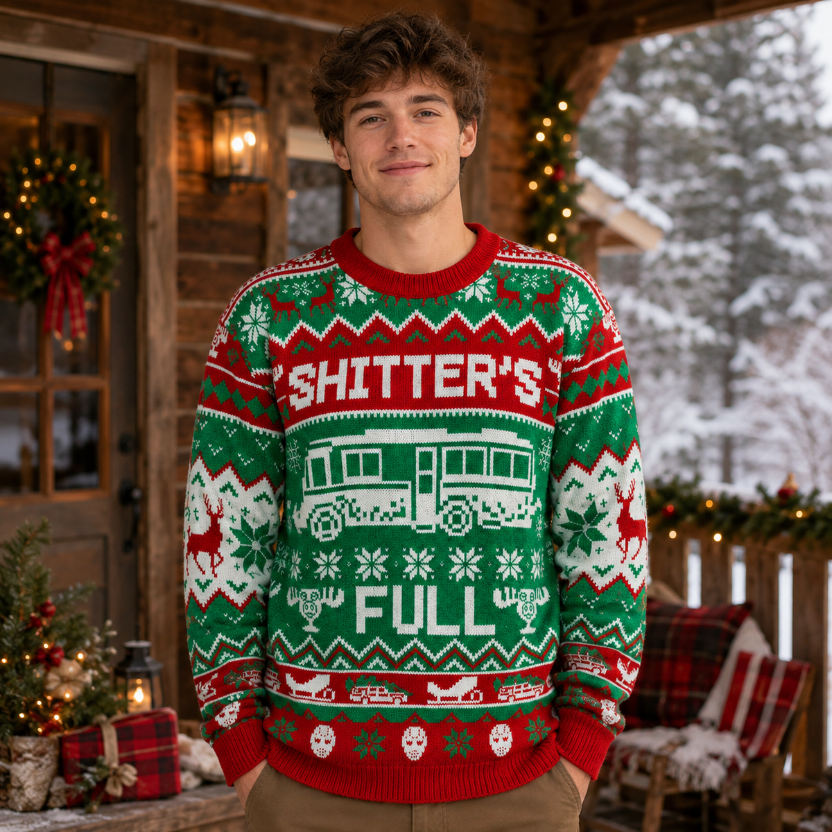 young man smiling in the shitters full ugly christmas sweater by a